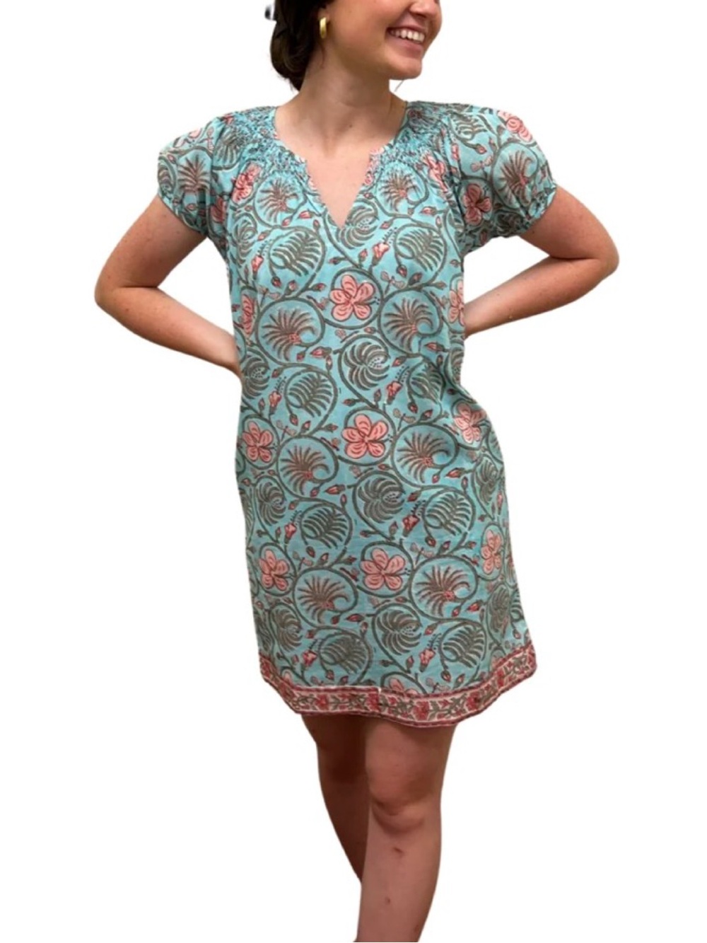 Liza Byrd Teal Floral Hand Block Print Louisa Cotton Shift Dress Medium EUC